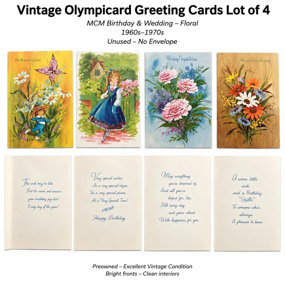 Vintage Olympicard Greeting Cards Lot 4 MCM Birthday Wedding Floral 1960s 70s